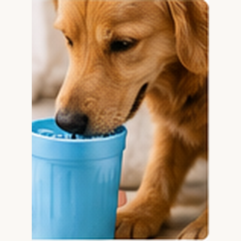 Dog using CozyWag paw cleaner cup